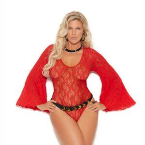 Plus Size Red Lace Teddy Bell Sleeves Keyhole Back